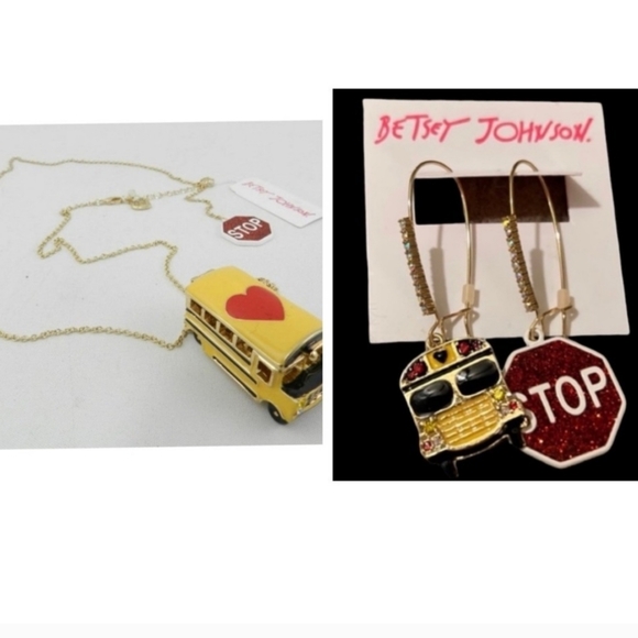 BETSEY JOHNSON SET Mismatched School Bus & Stop Sign Earrings & Bus Necklace NWT - Picture 1 of 13